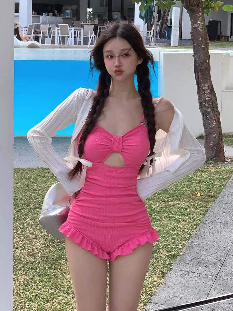 Ins Pure Desire Style Sweet Girl Sexy White Swimsuit Women's Fresh Style Holiday Long Sleeve Cardigan Swimwear