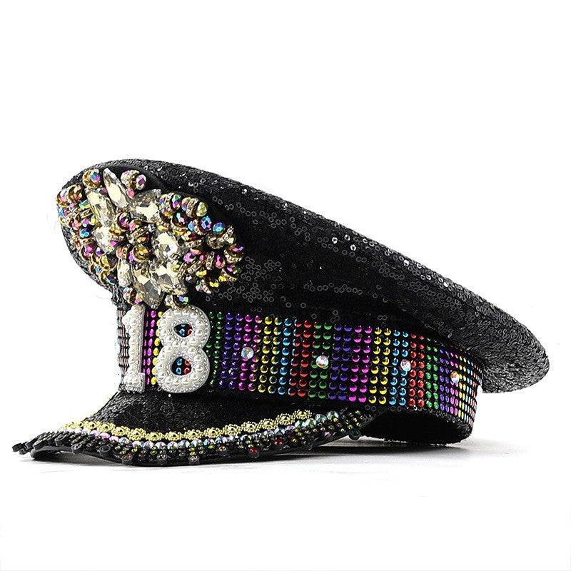 Cross-Border Rhinestone-Embellished Navy Hat, Punk Style Beret, Y2K Sun Protection Hat, Women's Large Brim Sunshade Baseball Cap