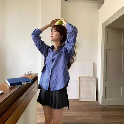 Cross-Border Blue Plaid Japanese-Style Women's Clothing Autumn Hot-Selling Plaid Shirt Thin Cardigan Sun Protection Shirt French-Style Blouse Plus Size