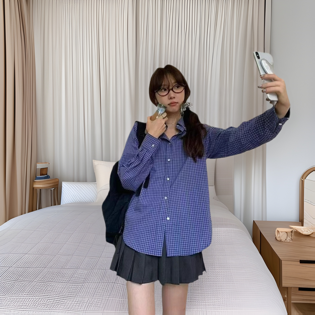 Cross-Border Blue Plaid Japanese-Style Women's Clothing Autumn Hot-Selling Plaid Shirt Thin Cardigan Sun Protection Shirt French-Style Blouse Plus Size
