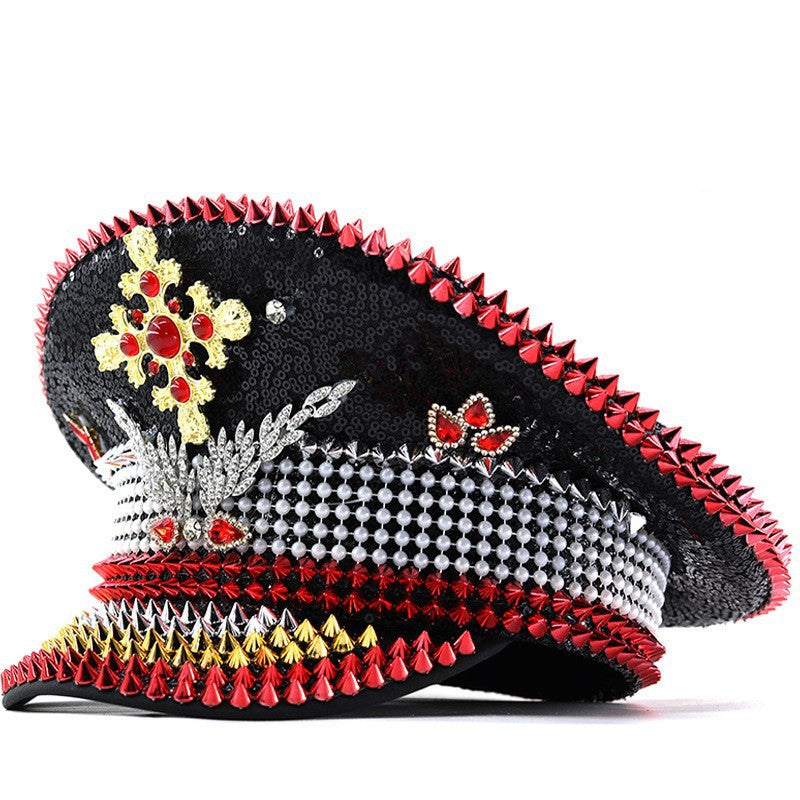 Cross-Border Rhinestone-Embellished Navy Hat, Punk Style Beret, Y2K Sun Protection Hat, Women's Large Brim Sunshade Baseball Cap