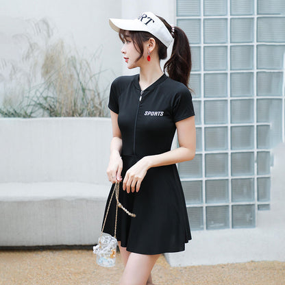 plus size swimsuit women's one-piece skirt short sleeve professional sports swimsuit mother 200kg conservative belly slim hot spring