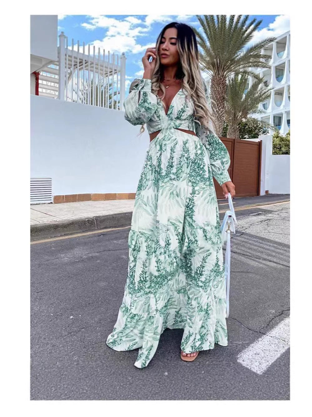 Cross-Border European and American Fashion Women's Clothing Spring and Summer New Long Dress Printed V-Neck Sexy Long-Sleeved Beach Dress