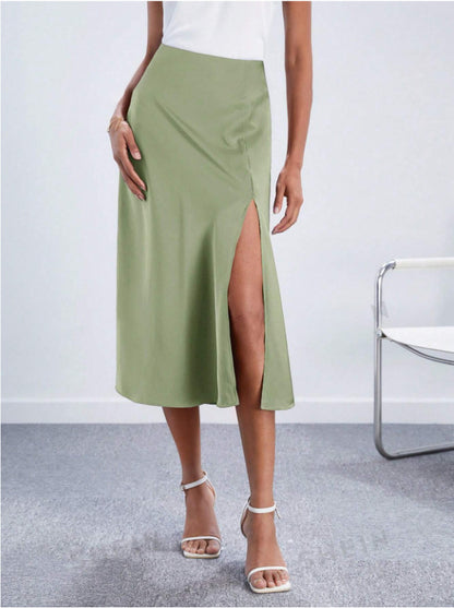 High-Waist Satin Skirt Slit Long Skirt Satin Skirt Spring New Lady Style European and American Large Hem Skirt Direct Sale