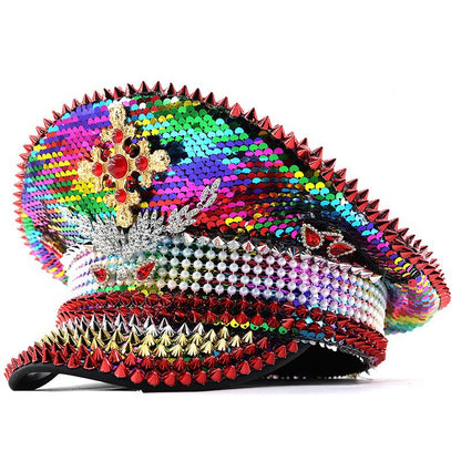 Cross-Border Rhinestone-Embellished Navy Hat, Punk Style Beret, Y2K Sun Protection Hat, Women's Large Brim Sunshade Baseball Cap