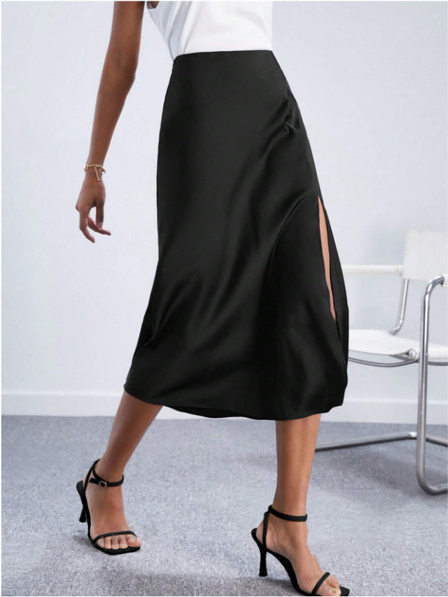 High-Waist Satin Skirt Slit Long Skirt Satin Skirt Spring New Lady Style European and American Large Hem Skirt Direct Sale
