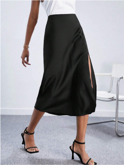High-Waist Satin Skirt Slit Long Skirt Satin Skirt Spring New Lady Style European and American Large Hem Skirt Direct Sale