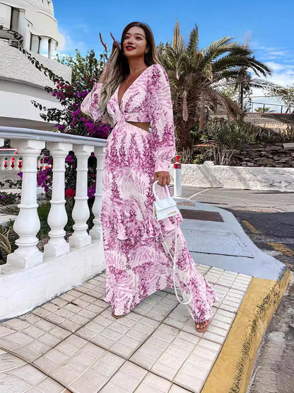 Cross-Border European and American Fashion Women's Clothing Spring and Summer New Long Dress Printed V-Neck Sexy Long-Sleeved Beach Dress
