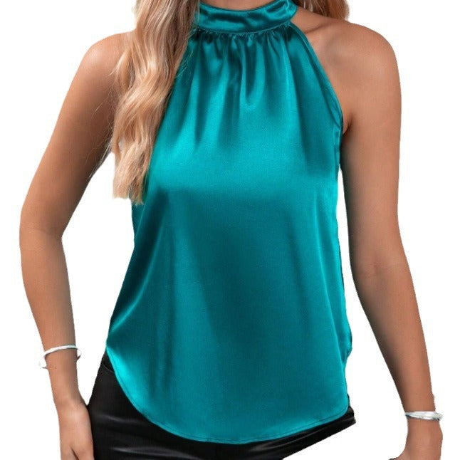 Amazon 2026 European and American Cross-Border Foreign Trade Summer New Satin Vest for Women, Solid Color Off-Shoulder Halter Neck Sleeveless Top