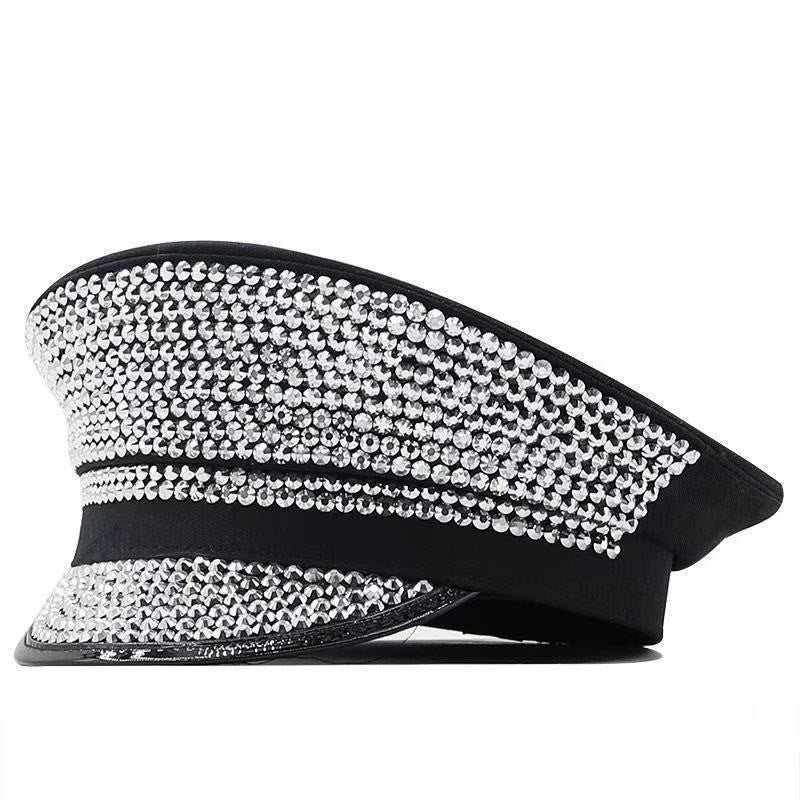 Cross-Border Rhinestone-Embellished Navy Hat, Punk Style Beret, Y2K Sun Protection Hat, Women's Large Brim Sunshade Baseball Cap