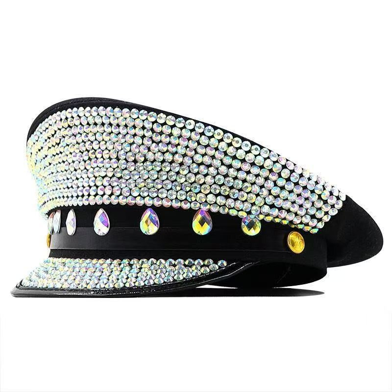 Cross-Border Rhinestone-Embellished Navy Hat, Punk Style Beret, Y2K Sun Protection Hat, Women's Large Brim Sunshade Baseball Cap