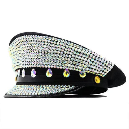 Cross-Border Rhinestone-Embellished Navy Hat, Punk Style Beret, Y2K Sun Protection Hat, Women's Large Brim Sunshade Baseball Cap