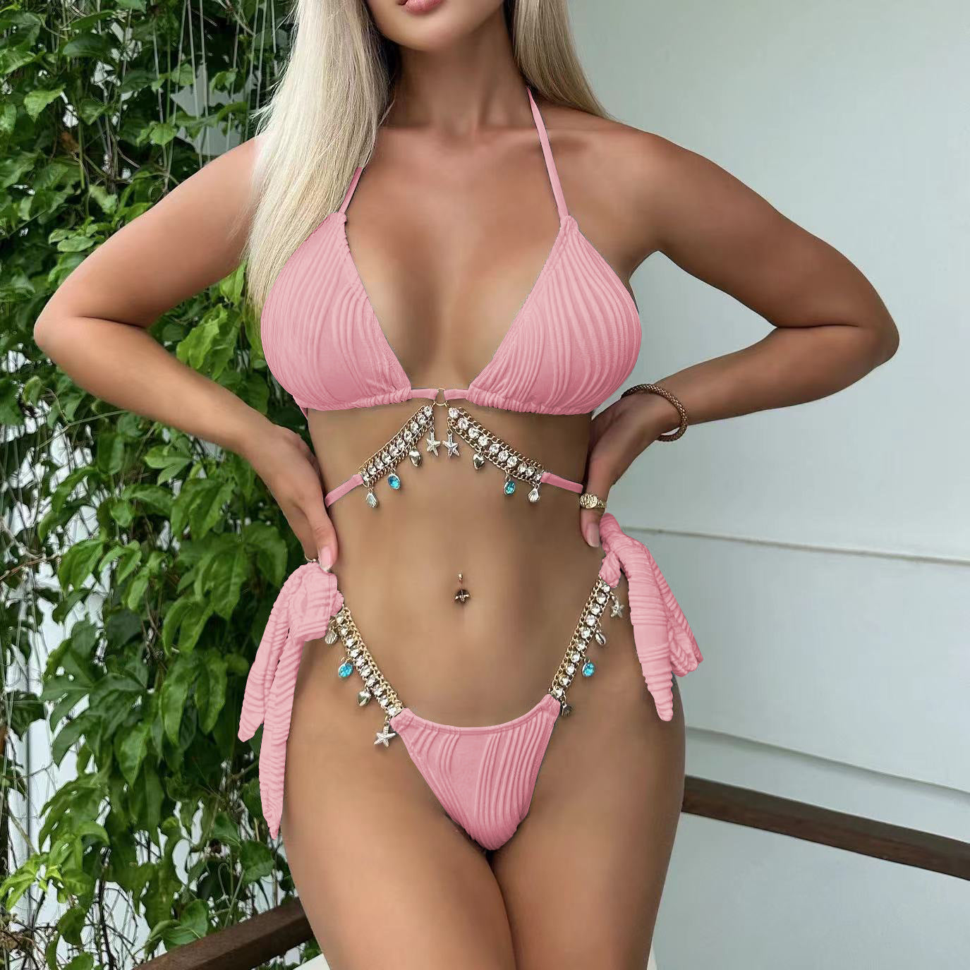 2025 European and American New Style Hanging Chain Sexy Split Swimsuit Bikini Bikini Cross-Border Amazon
