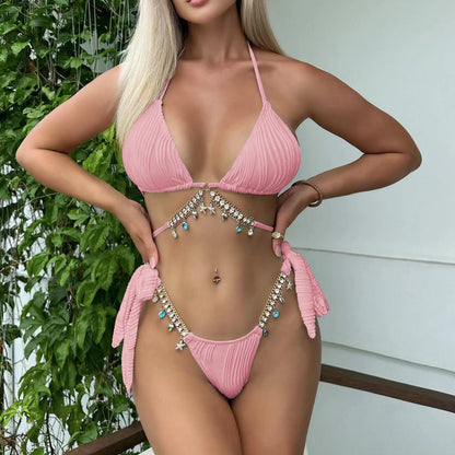 2025 European and American New Style Hanging Chain Sexy Split Swimsuit Bikini Bikini Cross-Border Amazon