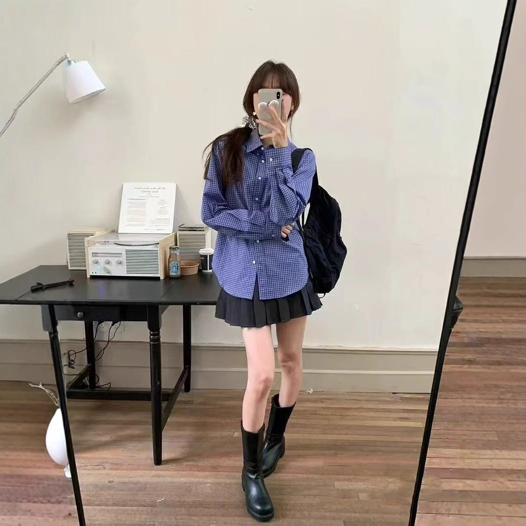 Cross-Border Blue Plaid Japanese-Style Women's Clothing Autumn Hot-Selling Plaid Shirt Thin Cardigan Sun Protection Shirt French-Style Blouse Plus Size