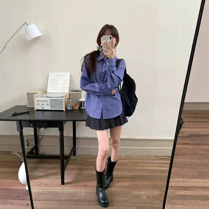 Cross-Border Blue Plaid Japanese-Style Women's Clothing Autumn Hot-Selling Plaid Shirt Thin Cardigan Sun Protection Shirt French-Style Blouse Plus Size
