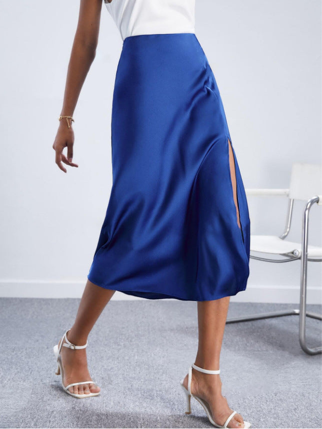 High-Waist Satin Skirt Slit Long Skirt Satin Skirt Spring New Lady Style European and American Large Hem Skirt Direct Sale