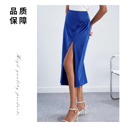 High-Waist Satin Skirt Slit Long Skirt Satin Skirt Spring New Lady Style European and American Large Hem Skirt Direct Sale
