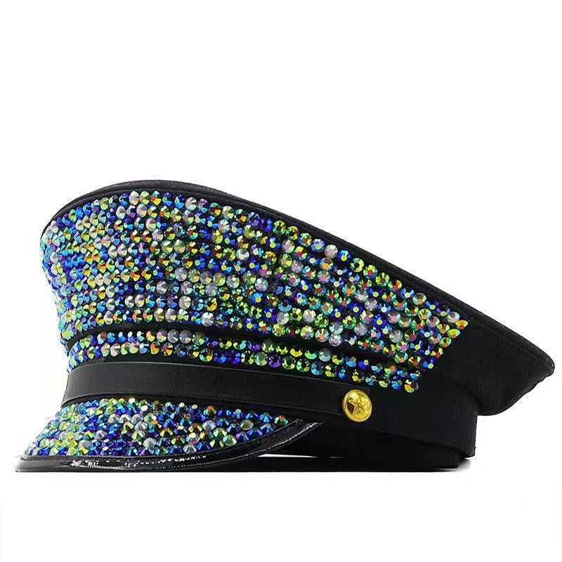 Cross-Border Rhinestone-Embellished Navy Hat, Punk Style Beret, Y2K Sun Protection Hat, Women's Large Brim Sunshade Baseball Cap