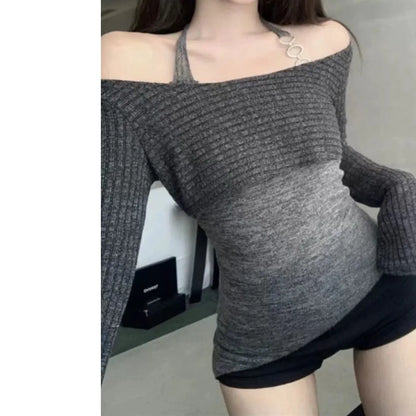 Women's Long Sleeve Knitted Sweater Set Shoulder Baring Design Slimming Base Layer Top Fashionable Casual Princess Sleeve Style