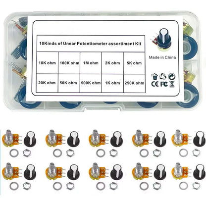 10 Kinds WH148 Single Potentiometer Kit Adjustable Resistor 1K/5K/10K/20K/50K/100K/250K/1M Slide Resistor With Switch Cap