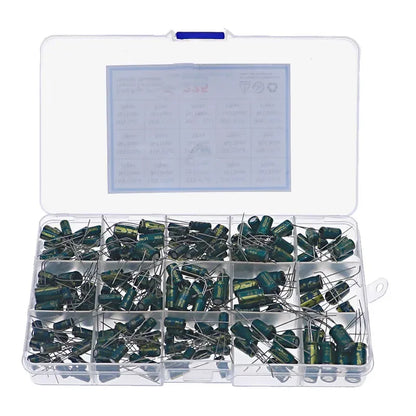 225Pcs 15Value Aluminum Electrolytic Capacitors Set 16V-50V 1uF-470uF green Assorted Kit Storage Low ESR