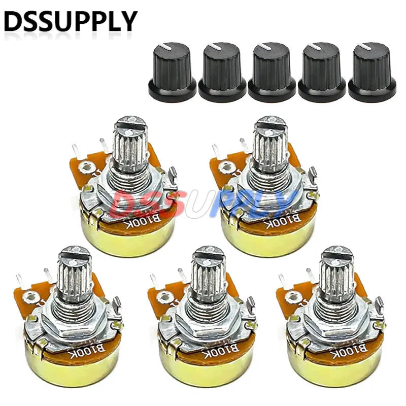 5 Set WH148 15mm 3-Pin Linjär Potentiometer Resistor 1K 2K 5K 10K 20K 50K 100KΩ Ohm för Arduino med AD2 Vit Ratt