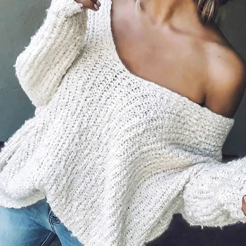 Winter Fashion Hollow Pullover Sweater Autumn Sexy V-neck Homewear Loose Knitted Top Women Causal Long Sleeve Solid Color Jumper