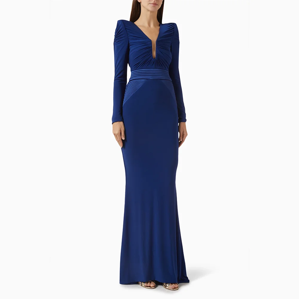 Luxury Evening Dress V-Neck Long Sleeves Pleat Jersey Mermaid Evening Gowns Floor Length Prom Dresses Dress Customized