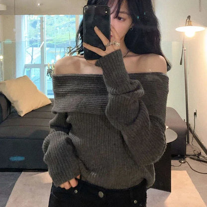 Smvp Slash Neck Knitted Sweater Women Sexy Off Shoulder Long Sleeve Pullovers Female Korean Elegant Thicken Slim Jumpers Top
