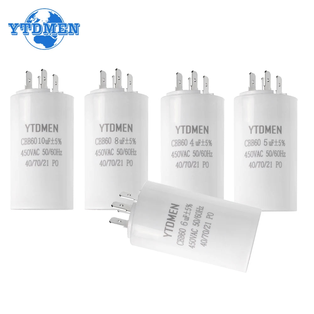1PCS CBB60 Starting Capacitor 450VAC 4pin Double Insert Electric Replacement Motor Run Capacitors 4UF 5UF 6UF 8UF 16UF 20UF 60UF