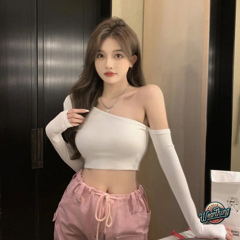 Fashion Chic Irregular Off-shoulder Long Sleeve T-shirt Women's Y2K Sexy Slim Crop Top
