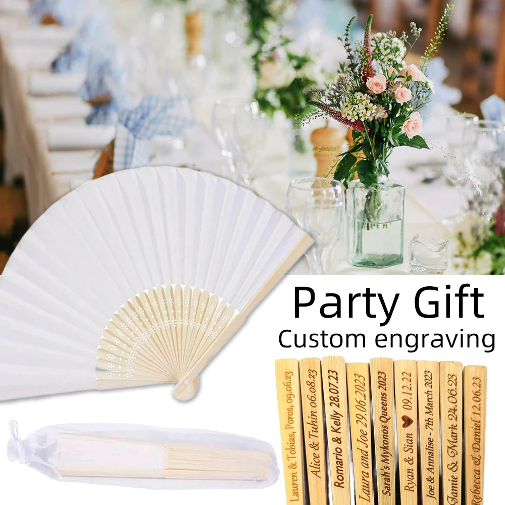 10-90pcs Personalized Engraved White Folding Elegant Silk Hand Fan with Organza Gift Bag Wedding Party Supplies Bulk Purchase