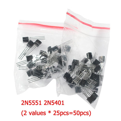 50-900PCS Transistors kit NPN PNP S8050 S8550 S9012 2N3904 2N3906 C1815 A1015 MJE13001 BC327 BC337 BC517 BC547 BC548 BC549 BC558