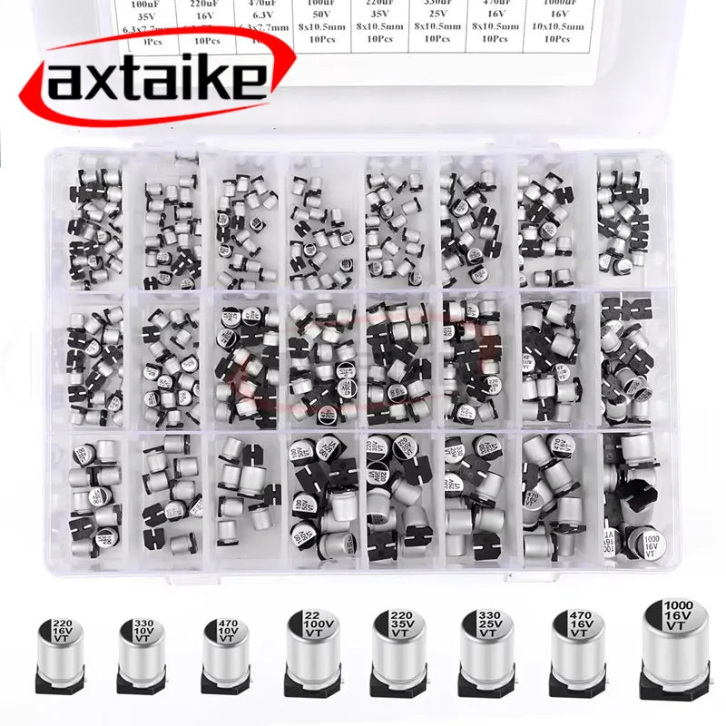 400Pcs 1UF~1000UF 10V 16V 25V 35V 50V 100V 24 Value 47uF 680uF SMD Aluminum Electrolytic Capacitors Assortment Kit + Box