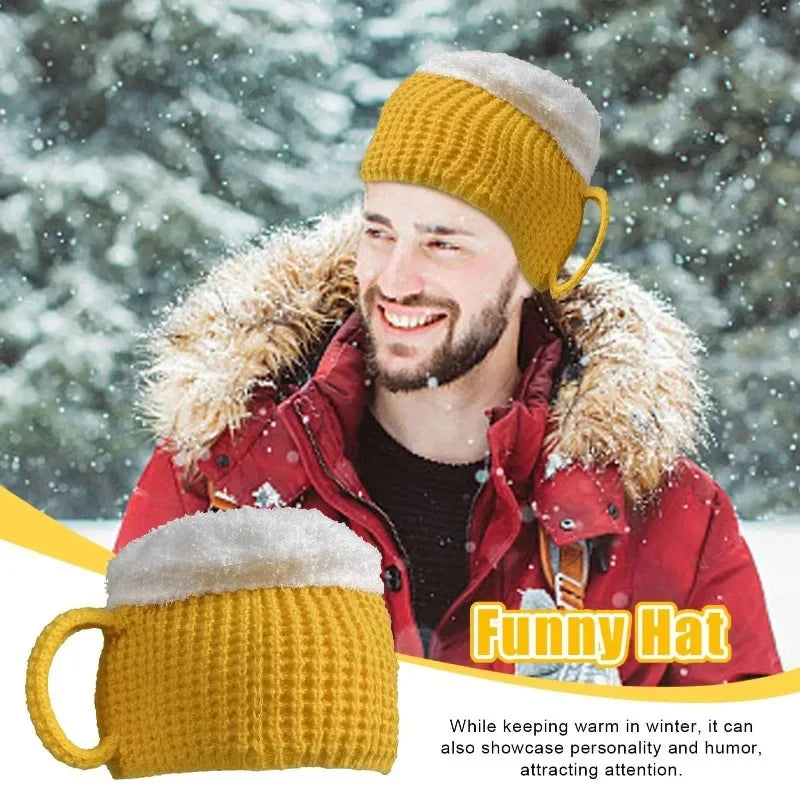Novelty 3D Beer Mug Winter Hat Unisex Warm Beanie Cap Funny Gift for Beer Lovers Men Women Christmas Party Costume Accessory