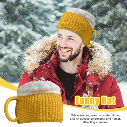 Novelty 3D Beer Mug Winter Hat Unisex Warm Beanie Cap Funny Gift for Beer Lovers Men Women Christmas Party Costume Accessory