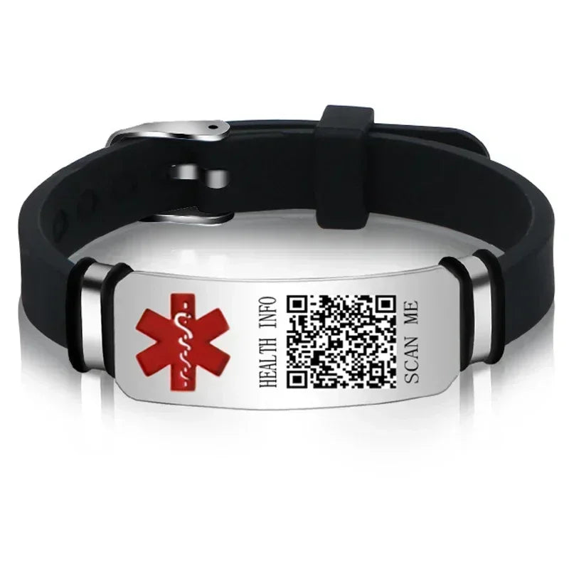 Functional Stainless Steel QR Code Health Wristband with Adjustable Emergency Medical ID Silicone Sports Wristband