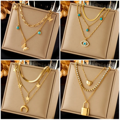 DIEYURO 316L Stainless Steel Butterfly Moon Lock Blue Eyes Pendant Necklace For Women New Multilayer Choker Chain Jewelry Gifts