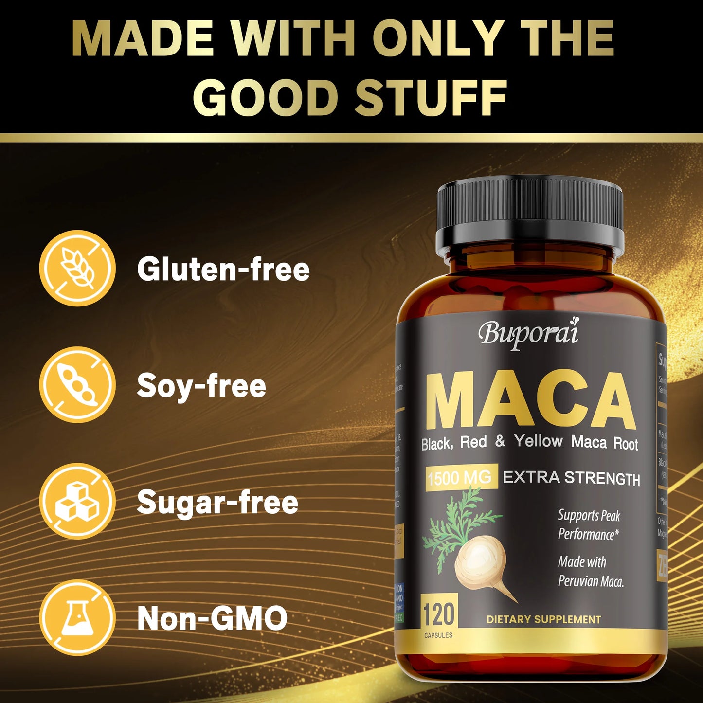 Organic Maca Root Powder Capsules with Black + Red + Yellow Peruvian Maca Root Extract Supplement for Men Women