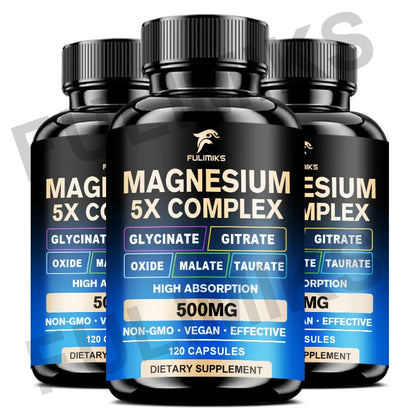Magnesium Pills Supplement - 5 in 1 Complex, Glycinate, Citrate, Malate, Taurate, Oxide - Stress, Muscle & Heart Support