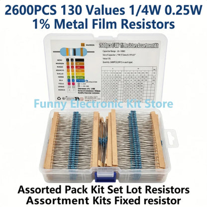 2600pcs Metal Film Resistors Assorted Pack 130 Values 1/4W 0.25W 1% Fixed Resistor Kit Set for Electronics DIY Projects