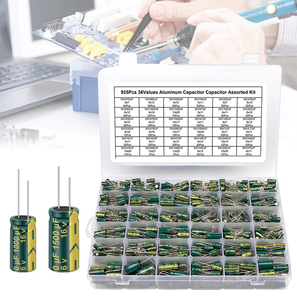 225PCS/lot 0.1UF-1000UF 15Values Aluminum Electrolytic Capacitors 16-50V Electrolytic Capacitor Assortment Kit with Storage Box