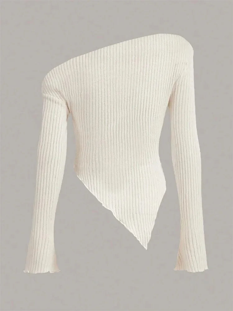 Women Grunge Punk Asymmetrical Neck Rib Knit Long Sleeve Top Handkerchief Hem Tee Shirt Y2K Clothes Streetwear 2024 Fall Winter