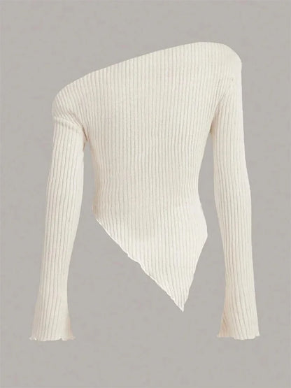 Women Grunge Punk Asymmetrical Neck Rib Knit Long Sleeve Top Handkerchief Hem Tee Shirt Y2K Clothes Streetwear 2024 Fall Winter