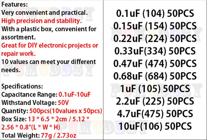 500pcs/lot 10values*50pcs 0.1uf-10uf(104~106) 50v multilayer ceramic capacitors assorted kit assortment set with storage box