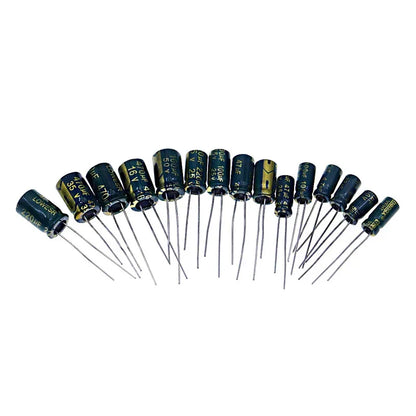 225Pcs 15Value Aluminum Electrolytic Capacitors Set 16V-50V 1uF-470uF green Assorted Kit Storage Low ESR