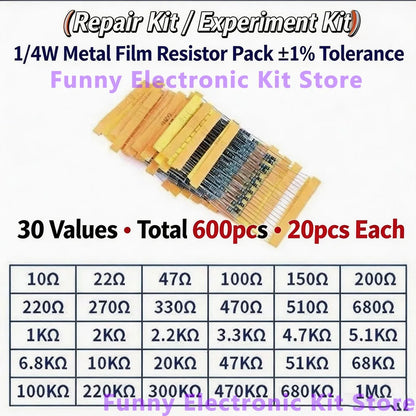 2600pcs Metal Film Resistors Assorted Pack 130 Values 1/4W 0.25W 1% Fixed Resistor Kit Set for Electronics DIY Projects