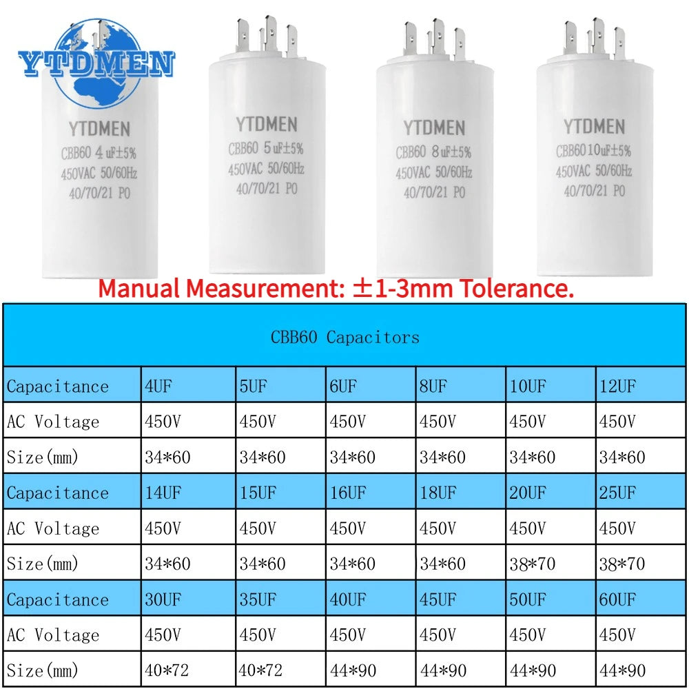 1PCS CBB60 Starting Capacitor 450VAC 4pin Double Insert Electric Replacement Motor Run Capacitors 4UF 5UF 6UF 8UF 16UF 20UF 60UF