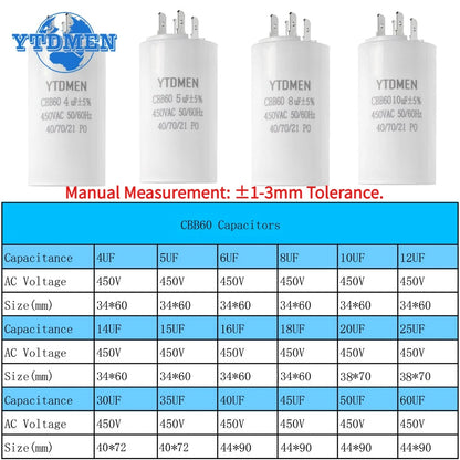 1PCS CBB60 Starting Capacitor 450VAC 4pin Double Insert Electric Replacement Motor Run Capacitors 4UF 5UF 6UF 8UF 16UF 20UF 60UF